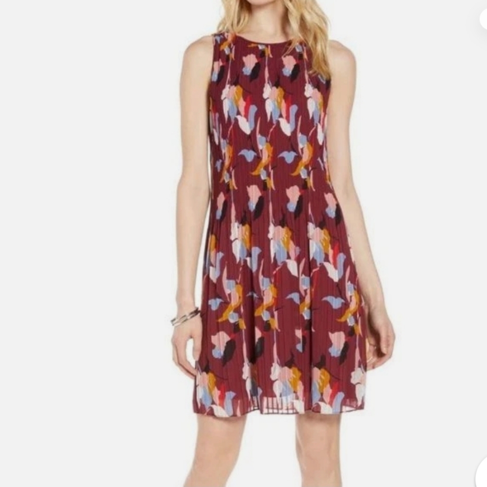Halogen Sleeveless Artsy Print Crinkle Pleated Dress Burgundy Floral L Flowy Red